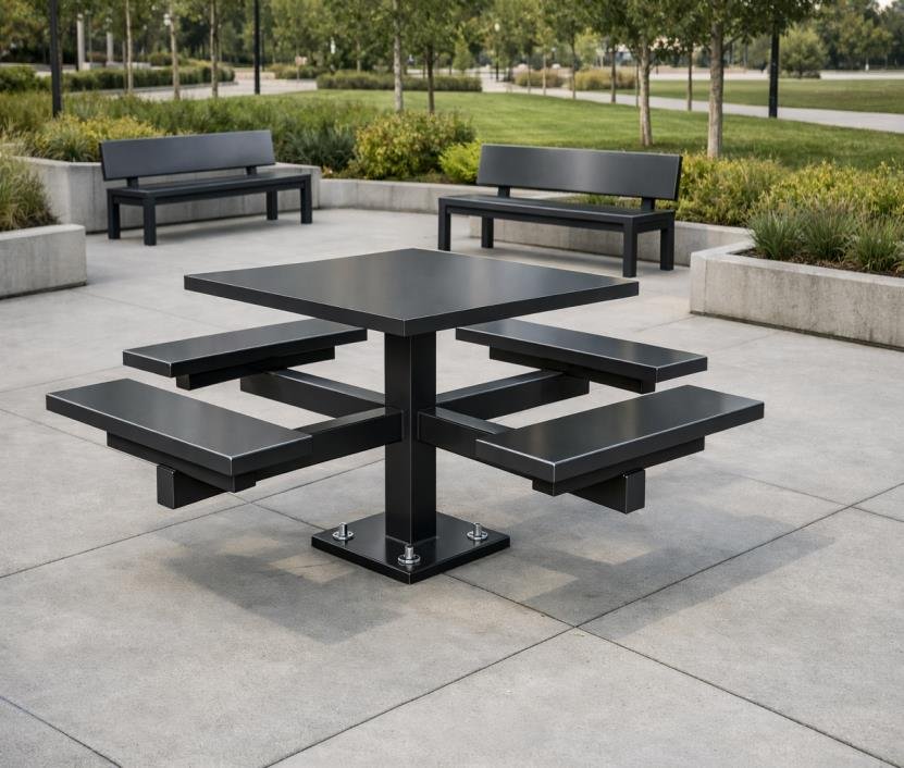 Powder-coated steel park bench along a tree-lined park path