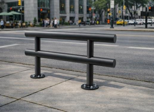 Powder-coated steel guardrail installed on a city sidewalk