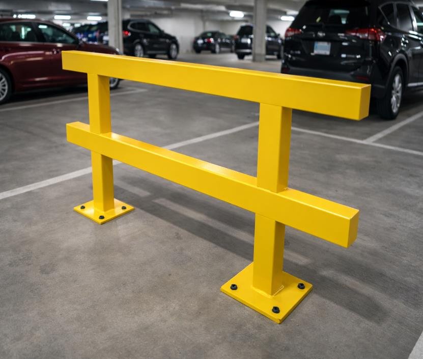 Galvanized steel guardrail mounted along a parking structure ledge