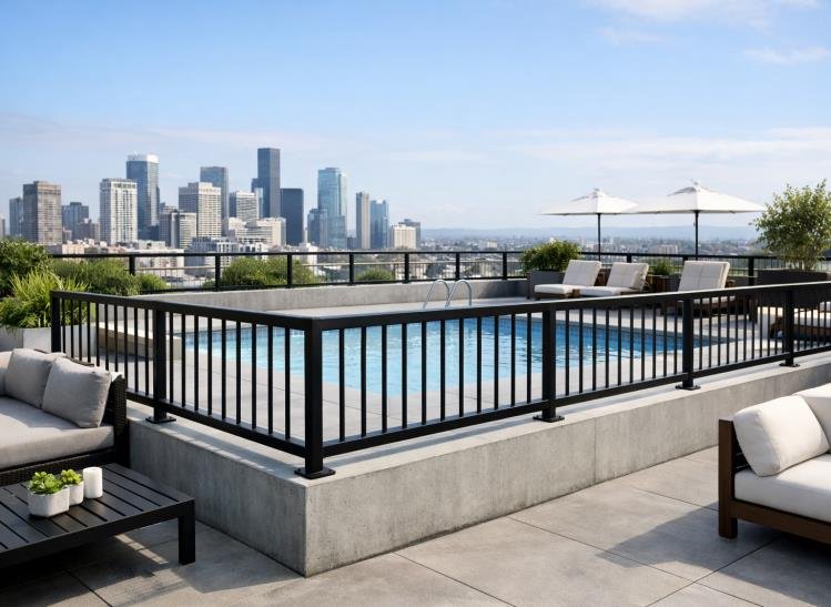 Polished stainless steel stair railing installed on a concrete staircase